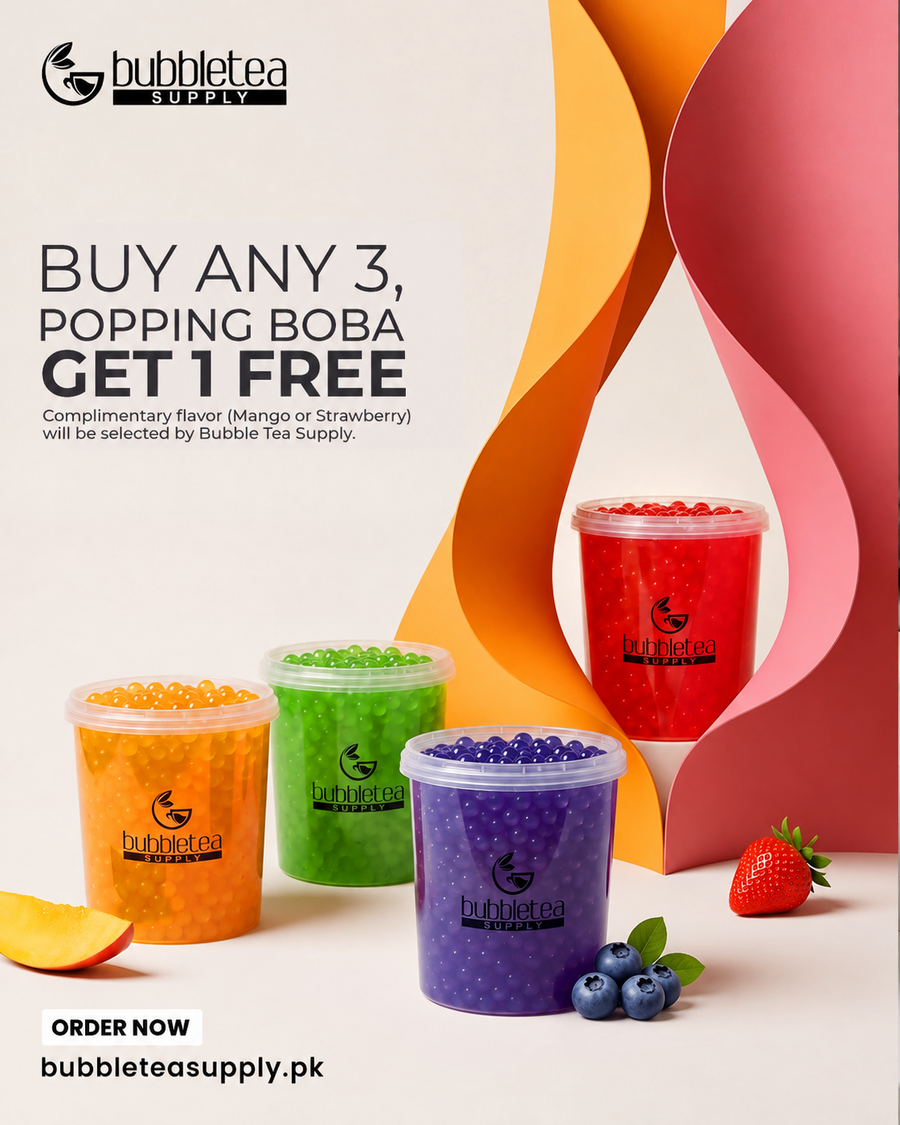 Bubble Tea Supply: buy any 3 popping boba and get 1 free. Complimentary Mango or Strawberry selected by BTS.